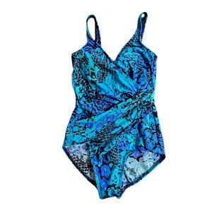 Miraclesuit One Piece Crossover Wrap Shaping Swimsuit, Blue Animal, Size 8